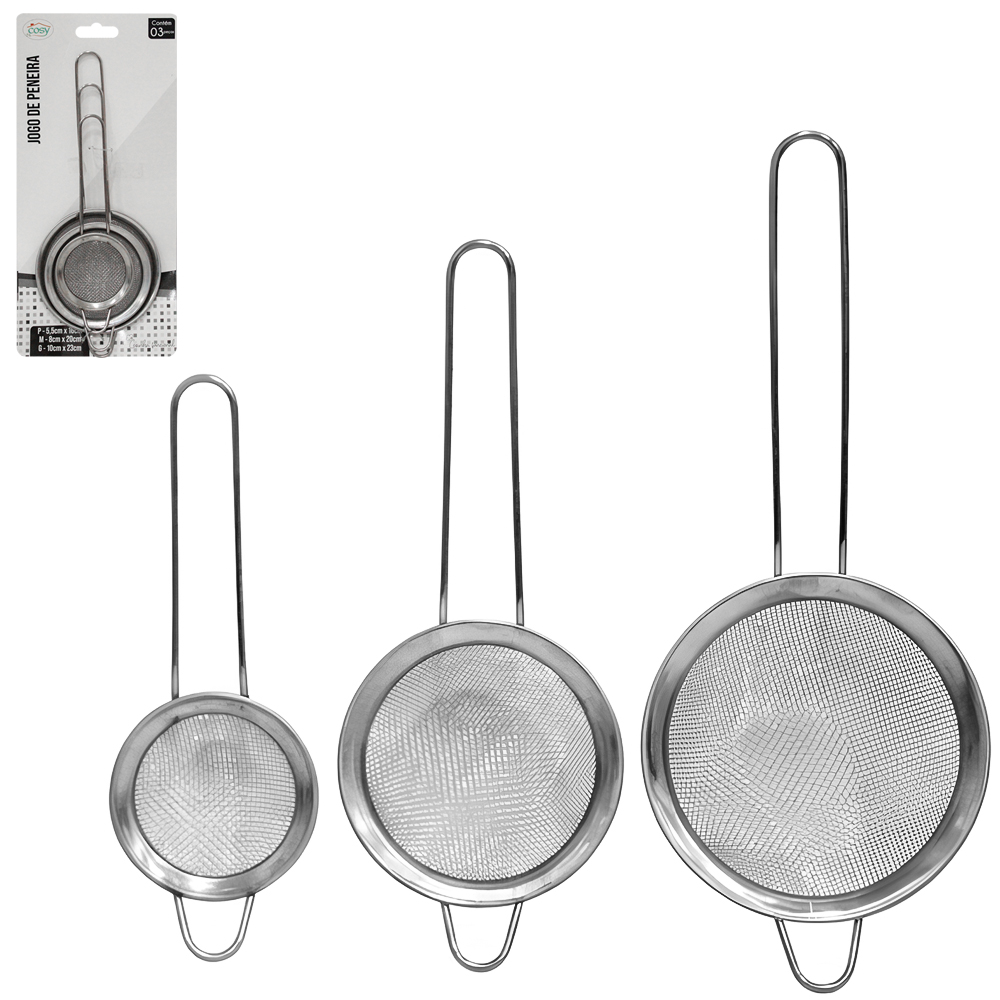 PENEIRA COADOR COM 3 PECAS DE INOX 5,5 / 8 / 10CM DE Ø