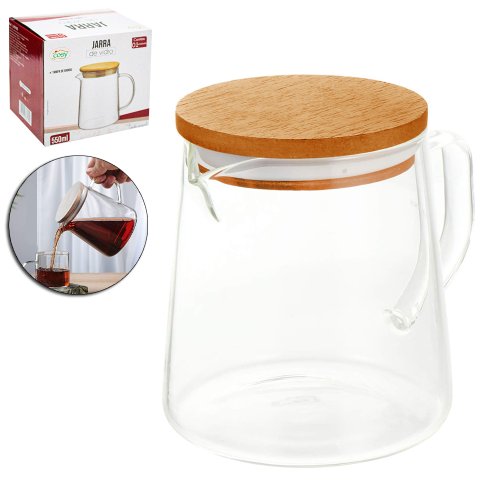 JARRA DE VIDRO BOROSSILICATO COM TAMPA HERMETICA DE MADEIRA / BAMBU 550ML