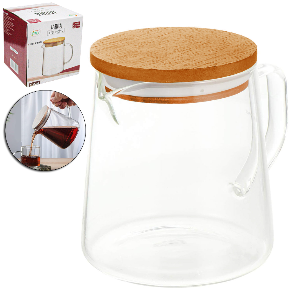JARRA DE VIDRO BOROSSILICATO COM TAMPA HERMETICA DE MADEIRA/BAMBU 750ML