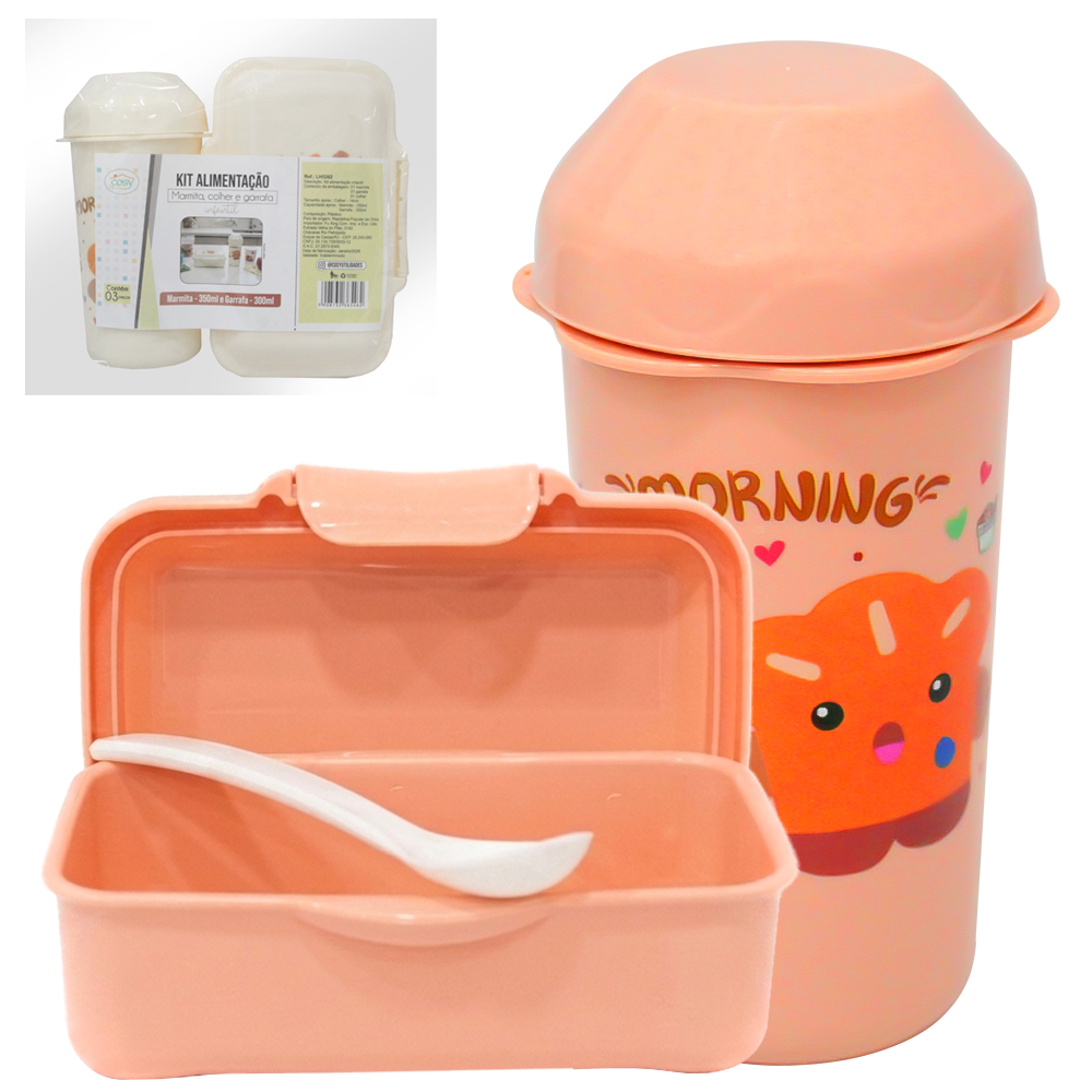 KIT ALIMENTACAO / PAPINHA VIAGEM MARMITA DE PLASTICO RETANGULAR COM TAMPA + COLHER E GARRAFA SQUEEZE 300ML