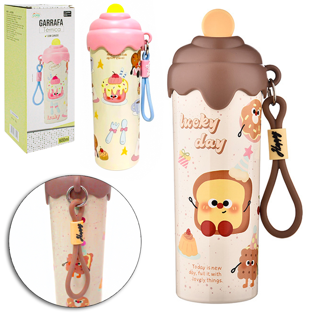 GARRAFA TERMICA DECORADA COM PAREDE DUPLA DE INOX + CANUDO E ALCA 600ML