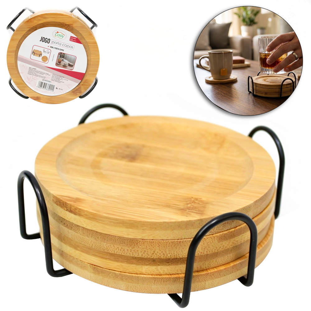 PORTA COPO DE BAMBU REDONDO COM 4 PECAS 10CMØ COM SUPORTE ARAMADO BLACK 5X10CM DE Ø