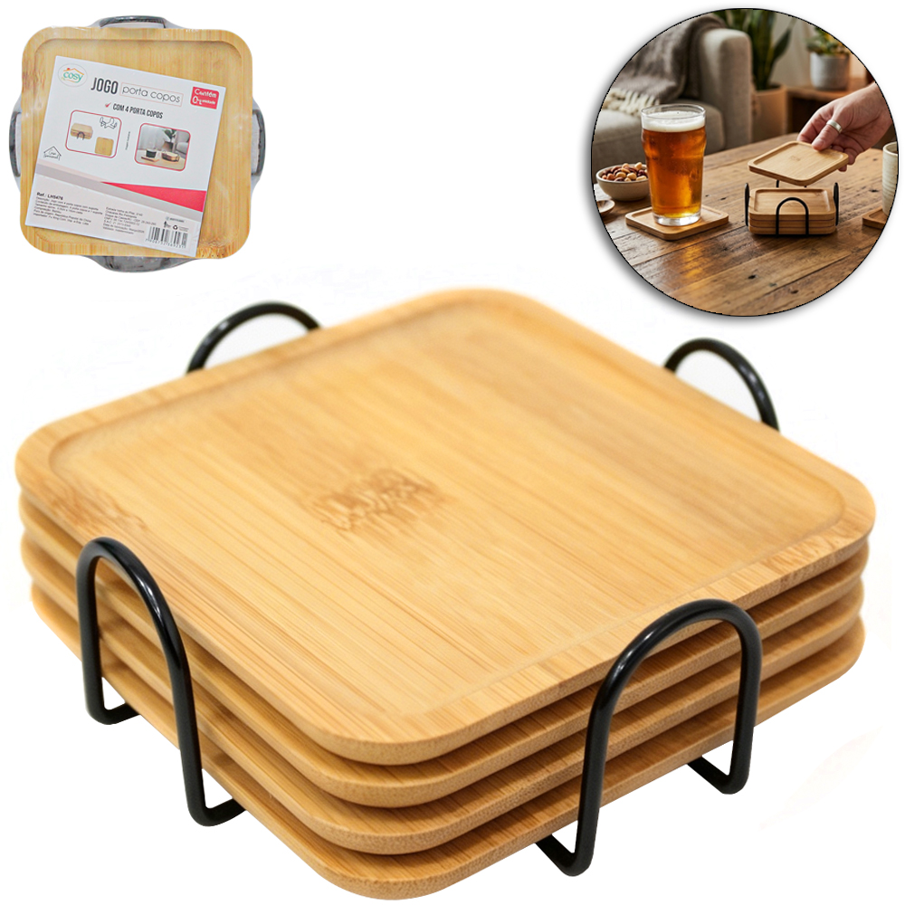 PORTA COPO DE BAMBU QUADRADO COM 4 PCS 10CM COM SUPORTE ARAMADO BLACK 10X5CM