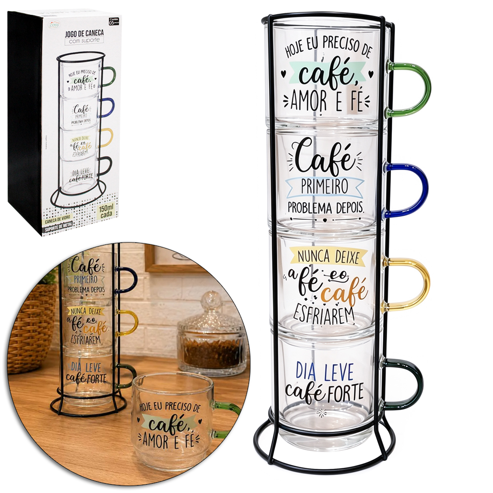JOGO XICARA / CANECA VIDRO EMPILHAVEL CAFE / CAPPUCCINO 4 PECAS 150ML + SUPORTE ARAMADO