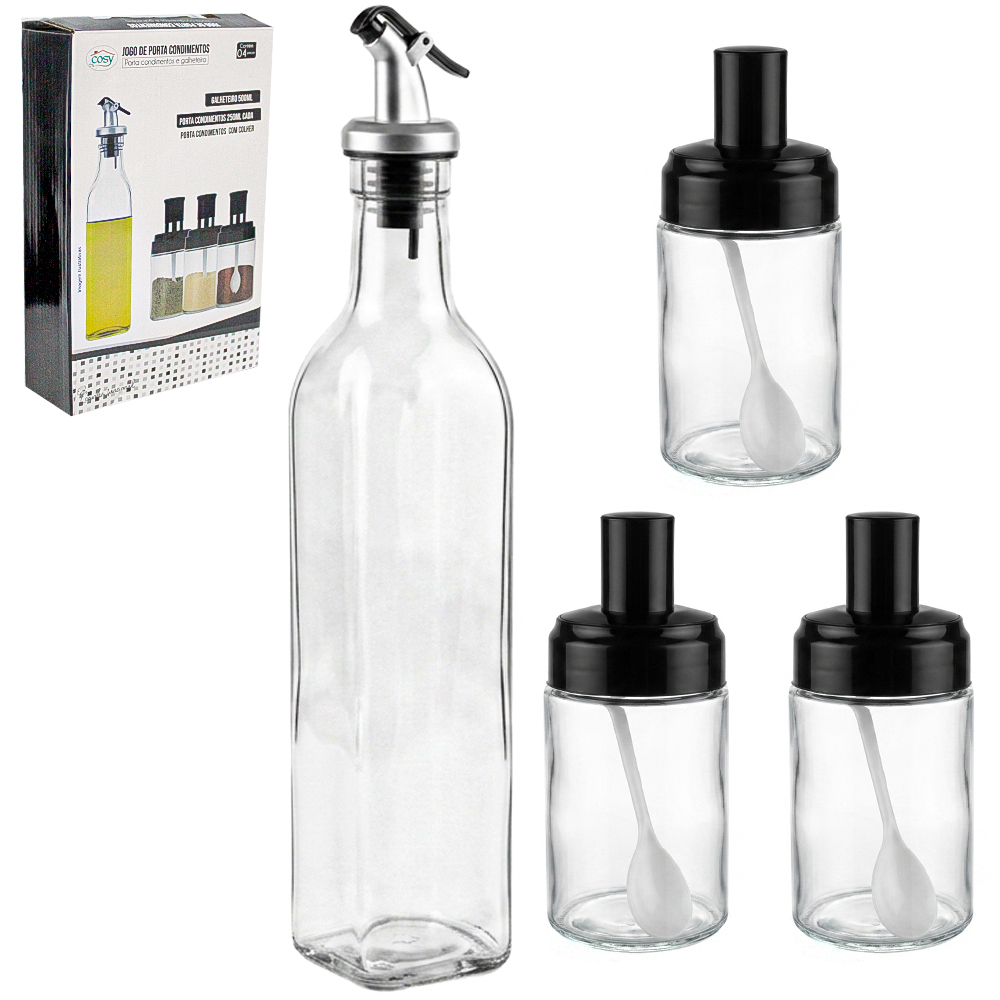 JOGO PORTA CONDIMENTO 3 PECAS 250ML + COLHER + TAMPA E AZEITEIRO / VINAGREIRO DE VIDRO 500ML