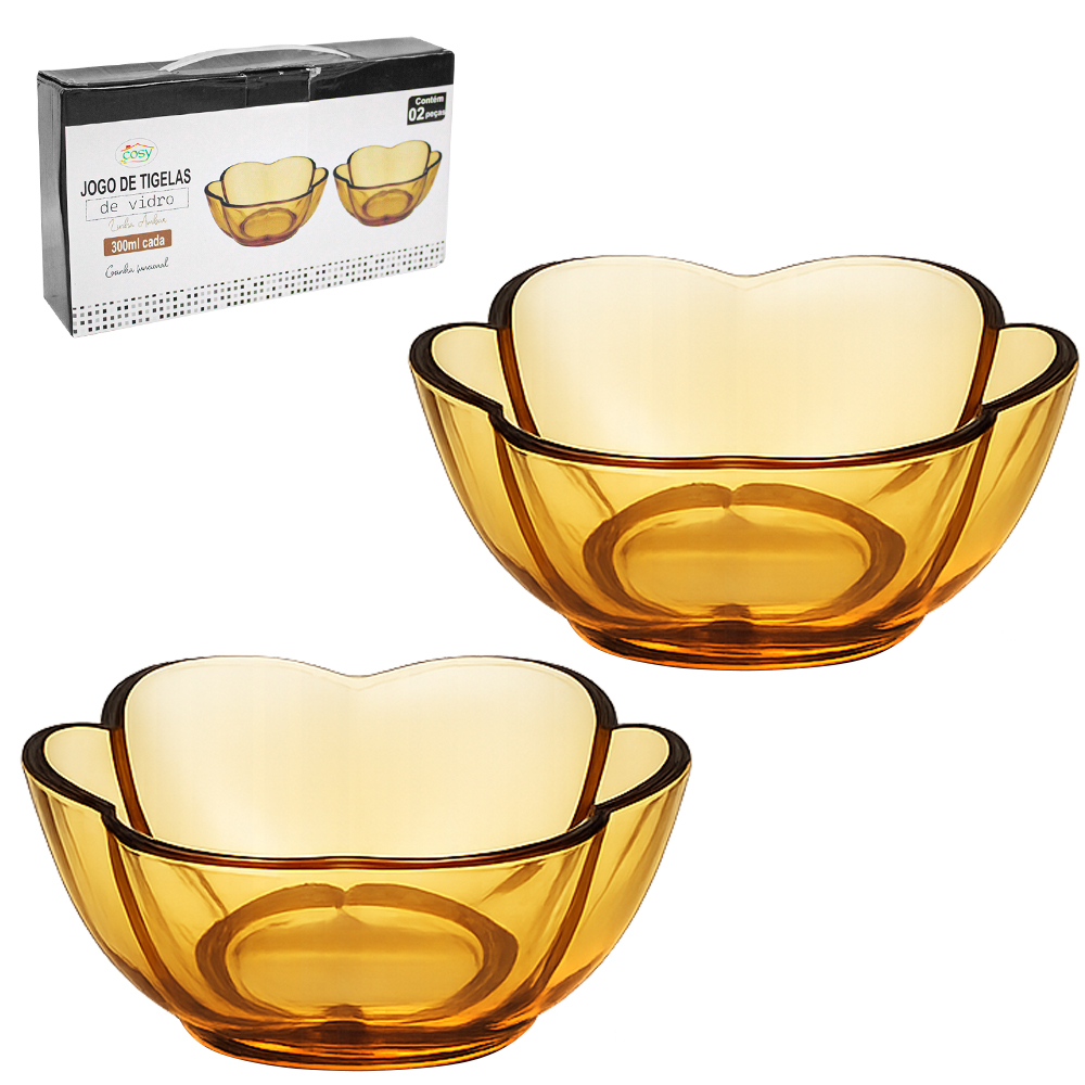 JOGO DE TIGELA DE VIDRO REDONDA FLOR AMBAR COM 2 PECAS 300ML