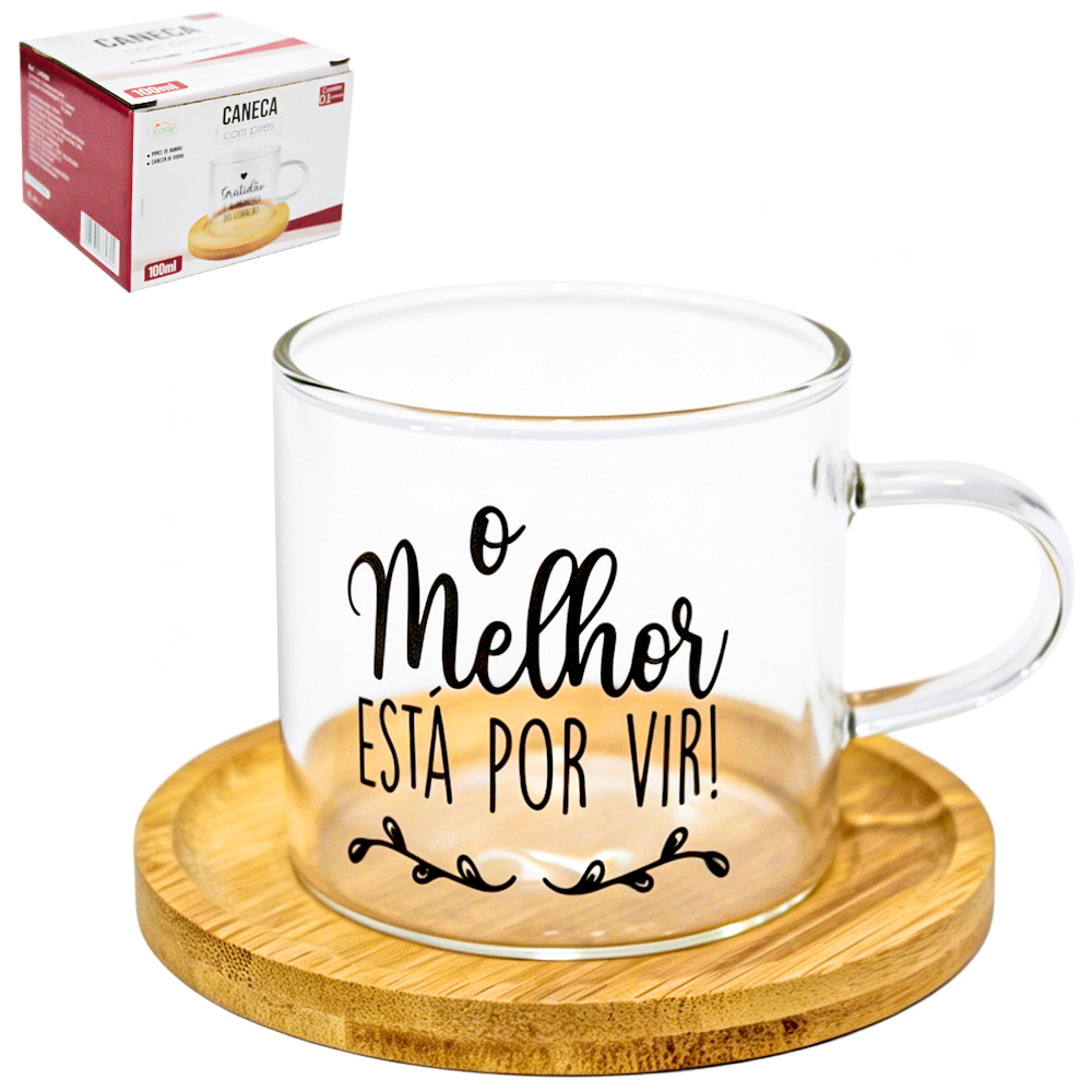 CANECA XICARA DE VIDRO BOROSSILICATO FRASES 100ML COM PIRES DE BAMBU