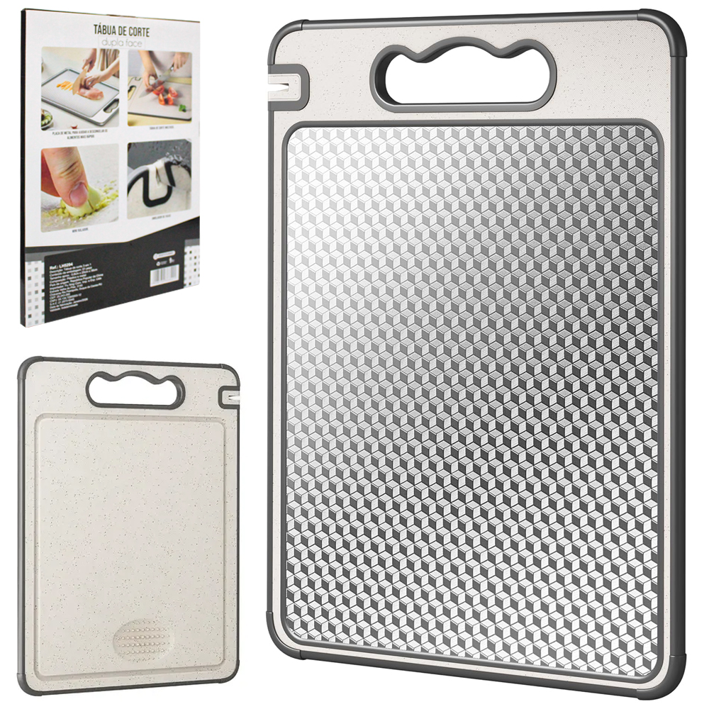 TABUA DE CORTE DUPLA FACE DE PLASTICO / INOX 3 EM 1 36X25CM
