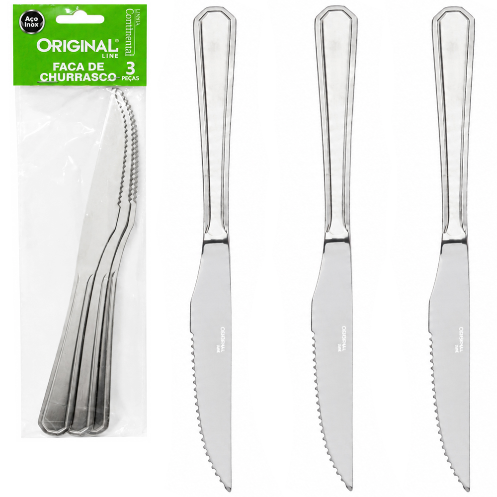 FACA DE CHURRASCO CONTINENTAL  DE INOX COM 3 PECAS 22CM