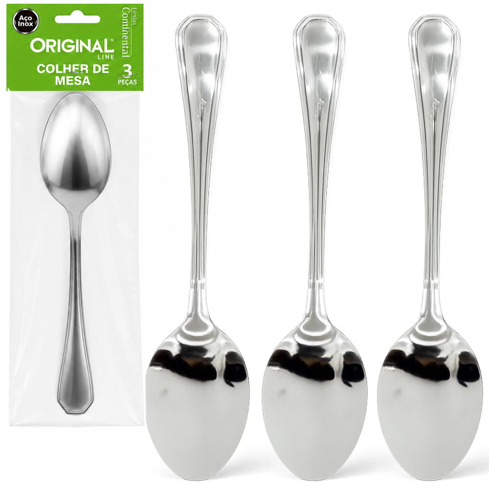 COLHER DE MESA CONTINENTAL DE INOX  COM 3 PECAS 20CM 
