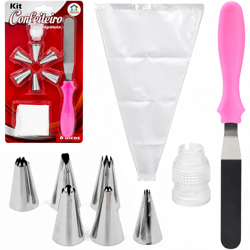 KIT CONFEITEIRO COM DECORADOR BOLO SACO PLASTICO PARA CONFEITAR + ADAPTADOR + 6 BICOS E ESPATULA INOX COM DEGRAU