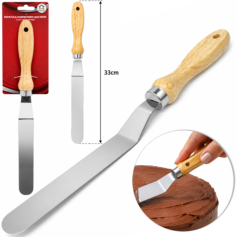 ESPATULA DE COZINHA / CONFEITEIRO COM DEGRAU DE INOX  CABO MADEIRA 33X3CM