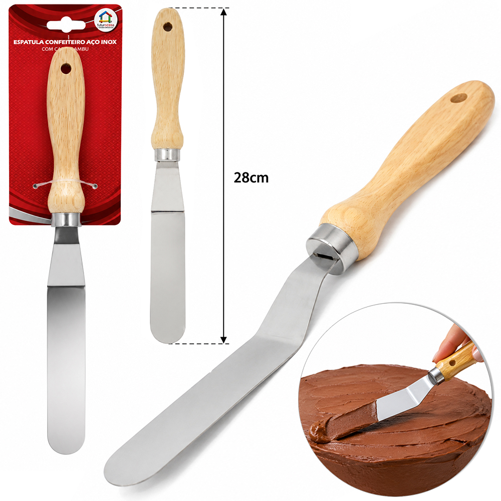 ESPATULA DE COZINHA / CONFEITEIRO COM DEGRAU DE INOX CABO MADEIRA 28X3CM