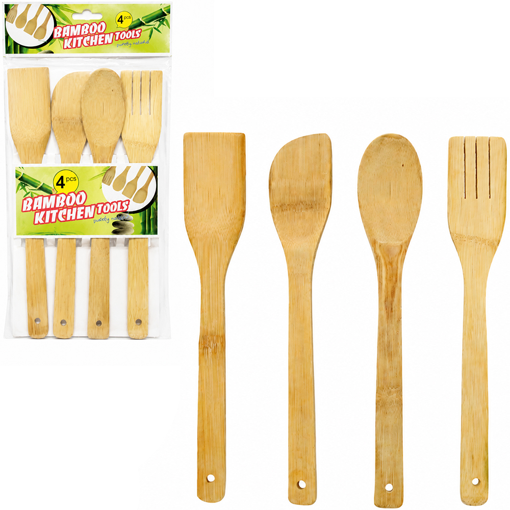 KIT COM COLHER + ESPATULA + GARFO + ESPATULA DE PAO DURO DE BAMBU