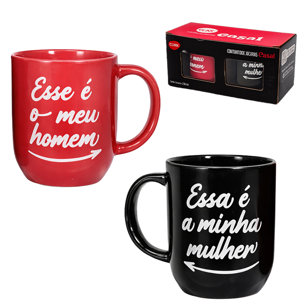 JOGO DE CANECA XICARA DE PORCELANA CASAL ESSE E O MEU HOMEM / ESSA E A MINHA MULHER COM 2 PECAS 310ML