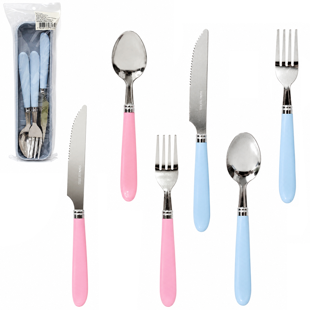 CONJUNTO DE TALHER INFANTIL COM COLHER + GARFO E FACA DE INOX CABO PLASTICO NO ESTOJO
