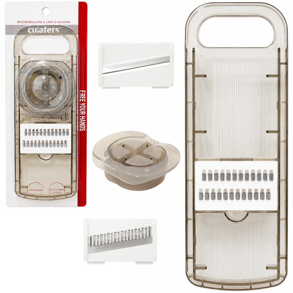 CORTADOR FATIADOR E RALADOR DE FRUTAS / LEGUMES DE INOX / PLASTICO + 3 LAMINAS 5 PECAS