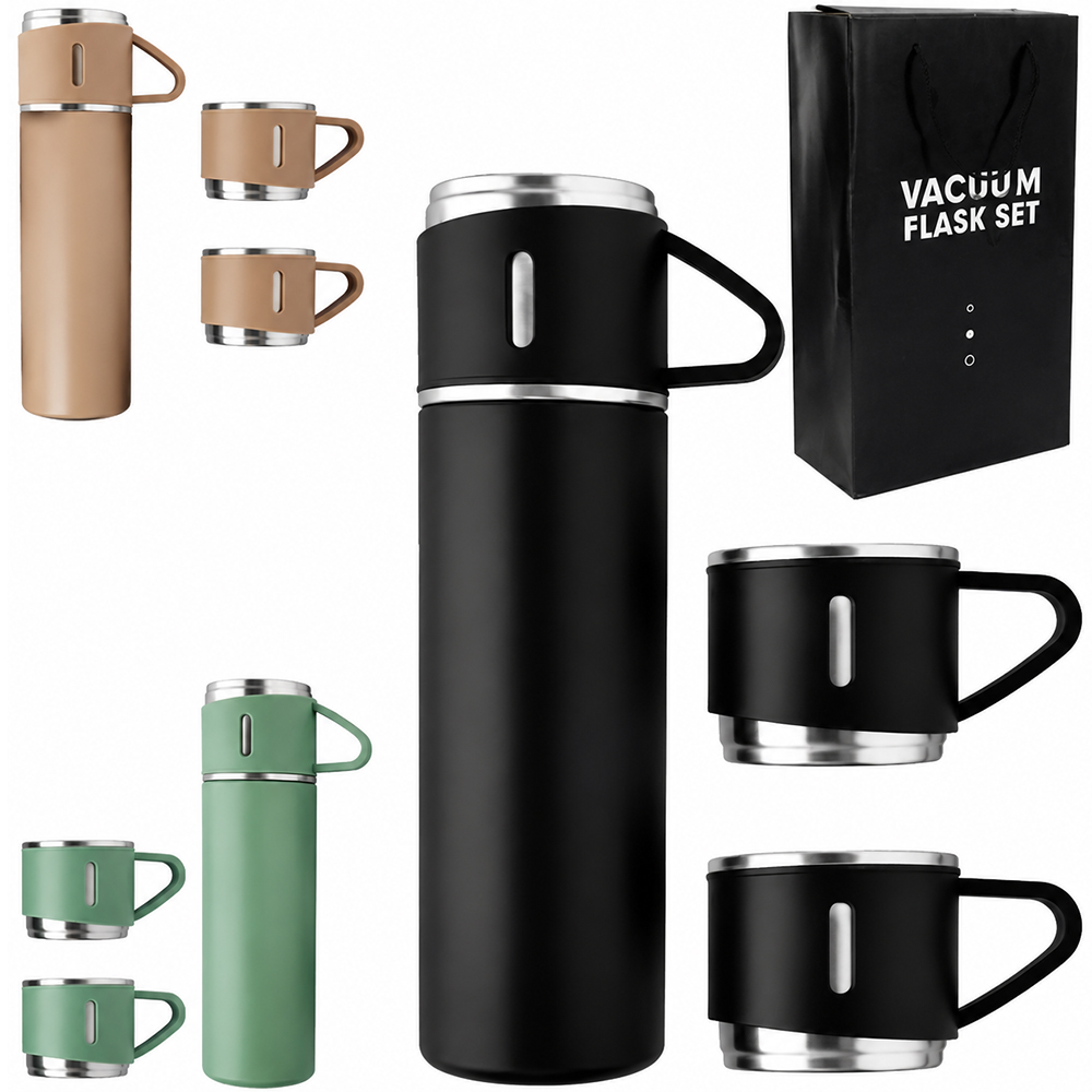 GARRAFA TERMICA COM PAREDE DUPLA + 3 CANECAS TAMPA DE INOX 500 / 150ML