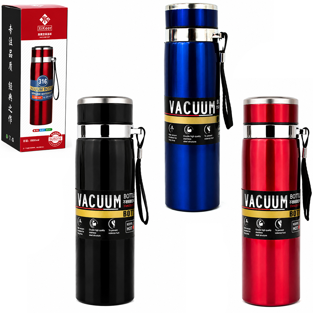 GARRAFA TERMICA COM PAREDE DUPLA + COADOR E ALCA DE INOX 800ML