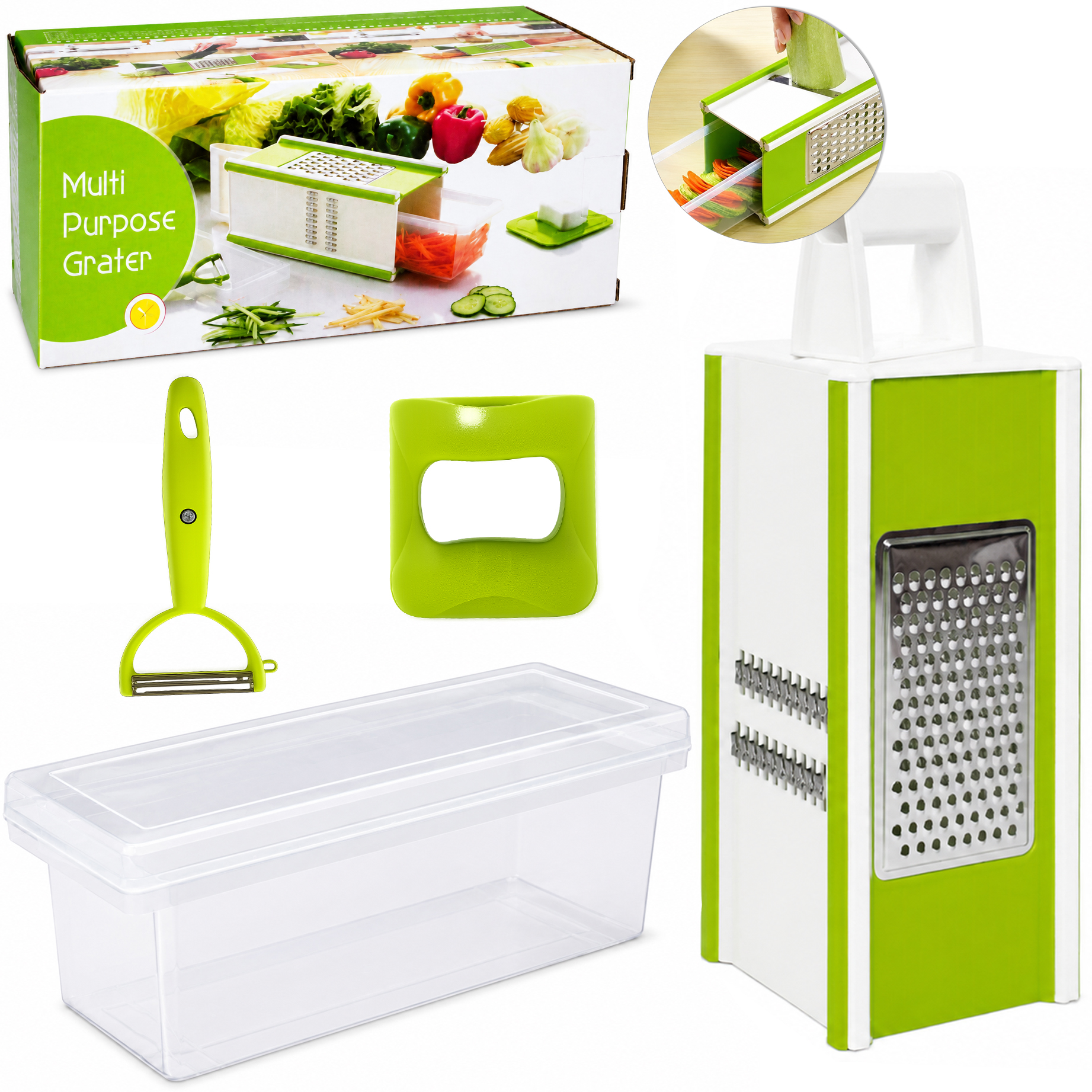 CORTADOR FATIADOR E RALADOR + DESCASCADOR DE FRUTAS / LEGUMES INOX / PLASTICO 4 LAMINAS + RESERVATORIO 6 PECAS