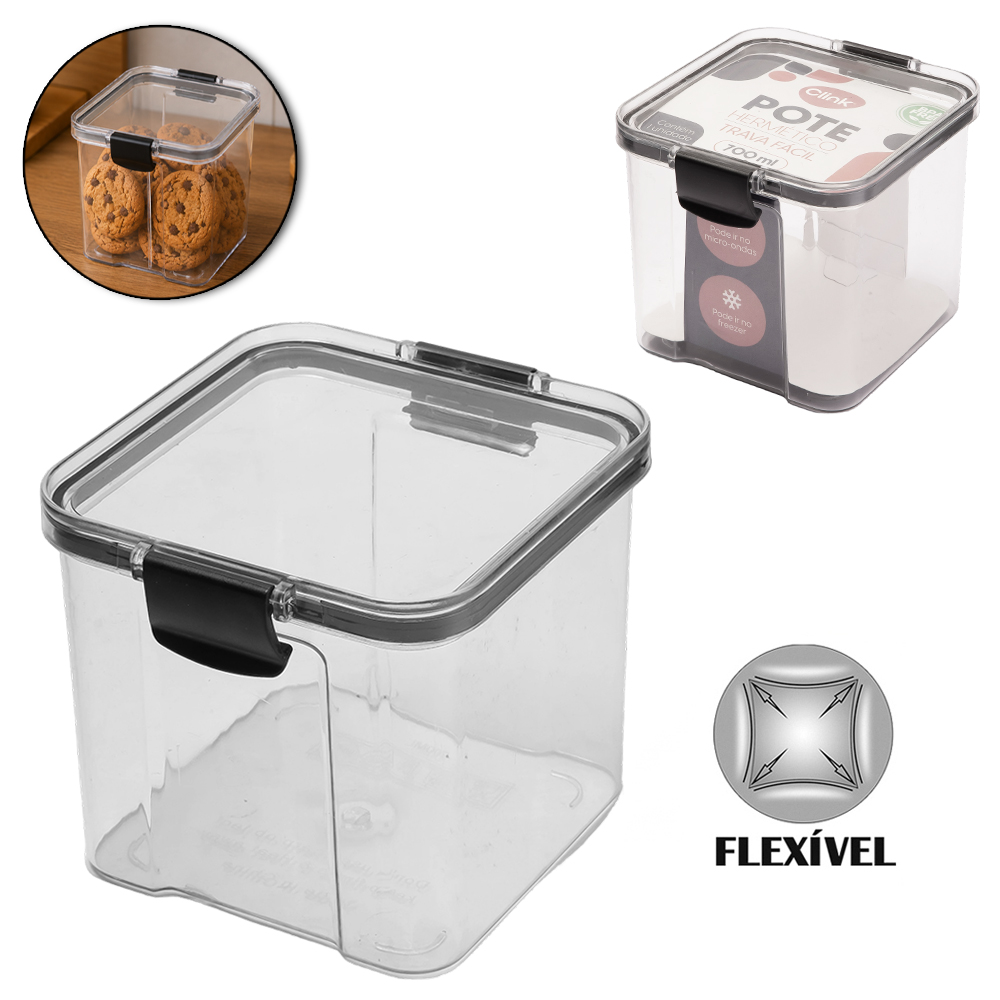 POTE DE PLASTICO PET FLEXIVEL QUADRADO EMPILHAVEL COM TAMPA HERMETICA + TRAVA 700ML
