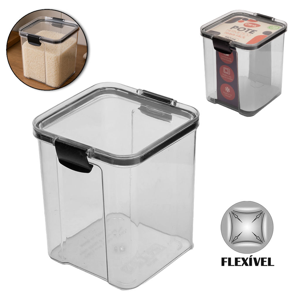 POTE DE PLASTICO PET FLEXIVEL QUADRADO EMPILHAVEL COM TAMPA HERMETICA + TRAVA 950ML