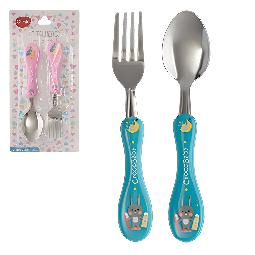 CONJUNTO DE TALHER INFANTIL COM COLHER + GARFO DE INOX CABO PLASTICO