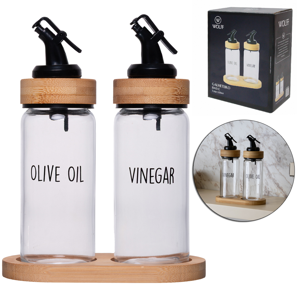 AZEITEIRO COM VINAGREIRO DE VIDRO COM TAMPA + GOLA E SUPORTE DE BAMBU WOLFF 225ML