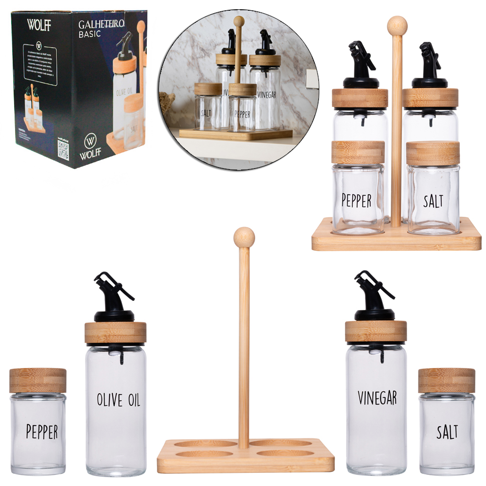 GALHETEIRO DE VIDRO COM 4 PECAS 225 / 80ML COM TAMPA E SUPORTE DE BAMBU