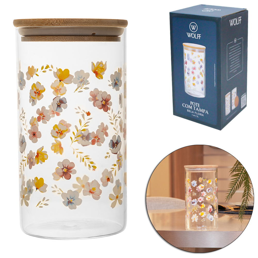 POTE DE VIDRO BOROSSILICATO BELA FLORA REDONDO COM TAMPA HERMETICA MADEIRA / BAMBU WOLFF 1L