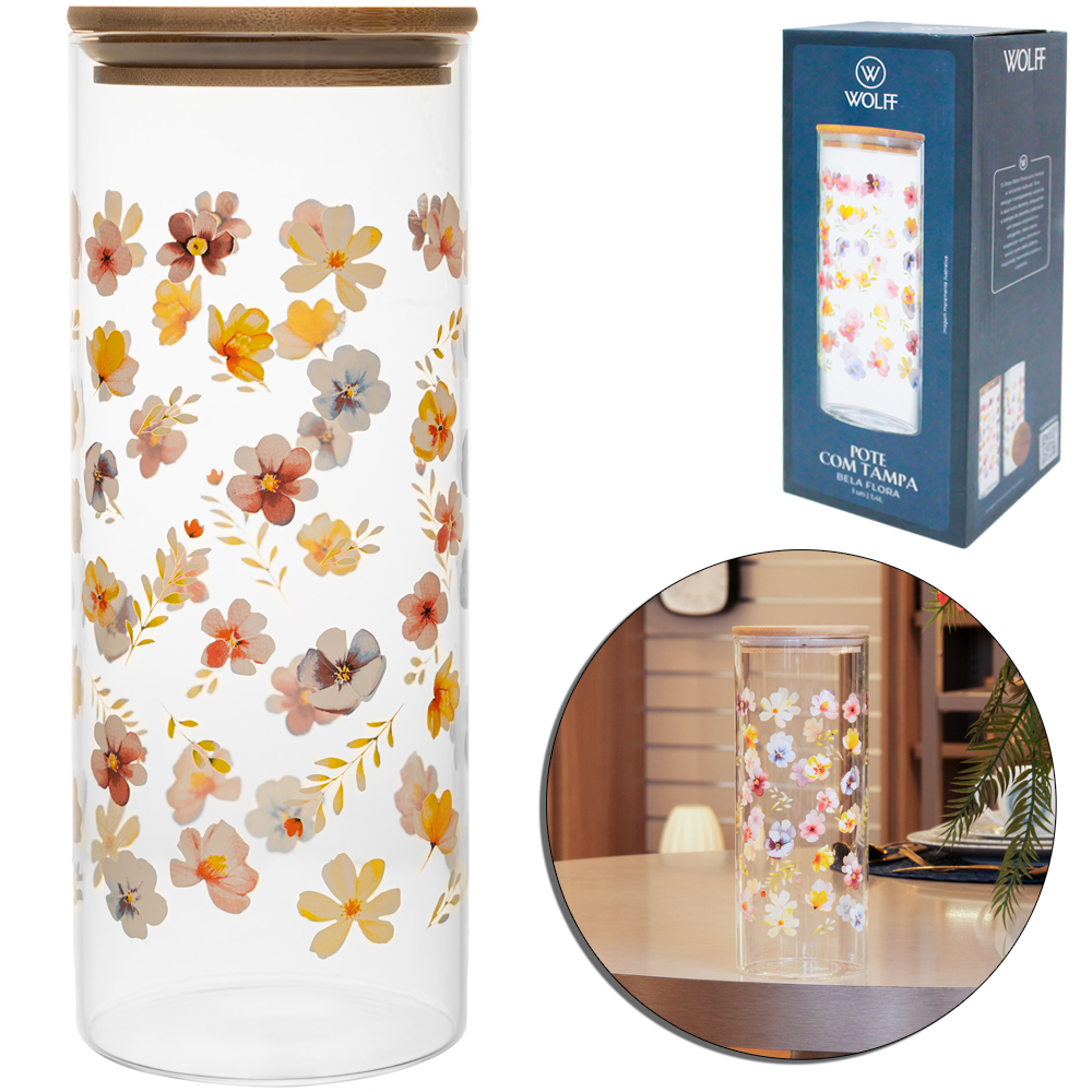 POTE DE VIDRO BOROSSILICATO BELA FLORA REDONDO COM TAMPA HERMETICA MADEIRA / BAMBU WOLFF 1,4L
