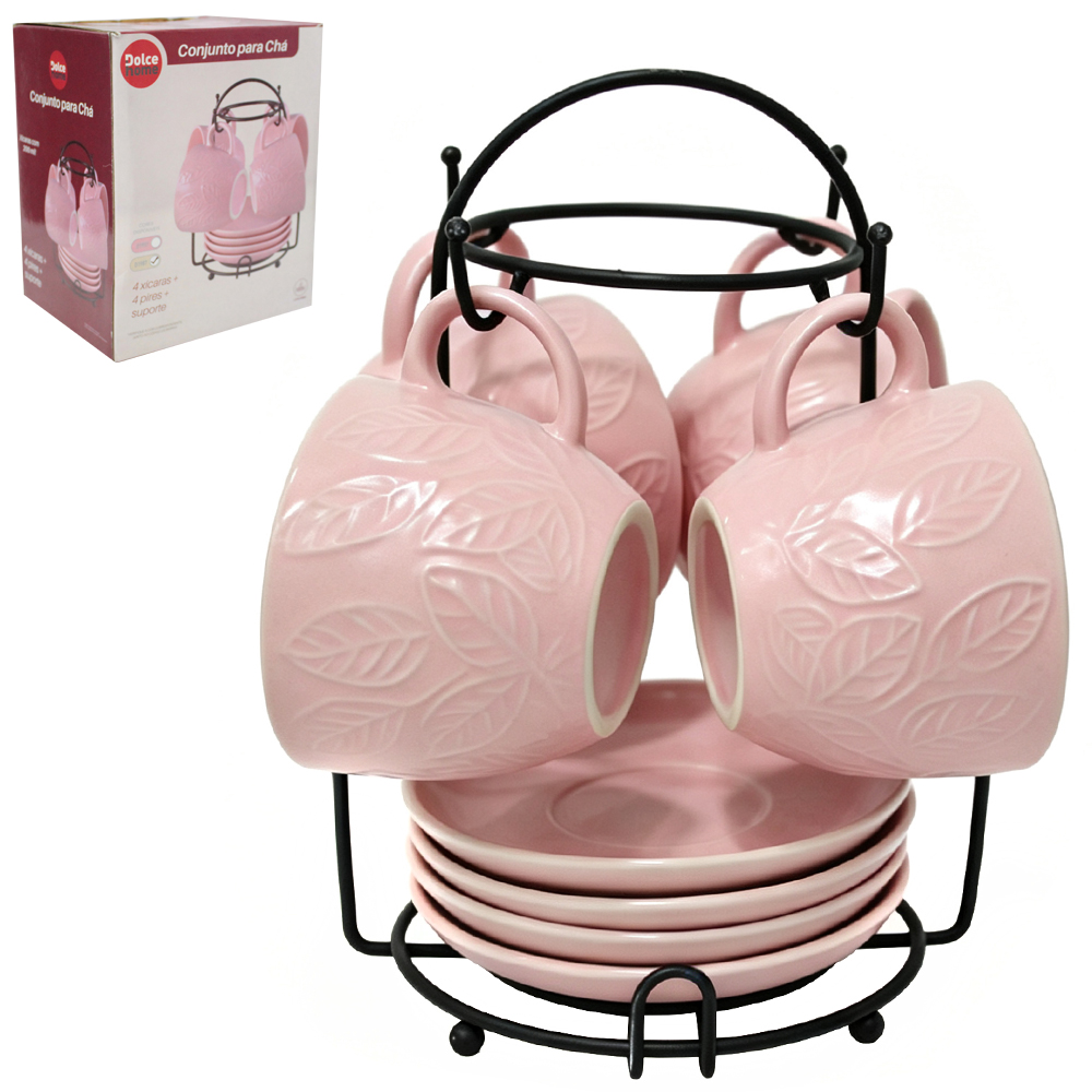 JOGO DE XICARA DE PORCELANA COM PIRES PARA CHA + SUPORTE ARAMADO BLACK 9 PECAS 200ML