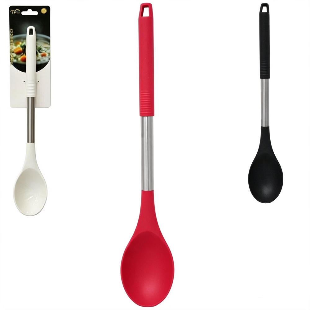 COLHER DE ARROZ DE SILICONE BRANCO / PRETO / VERMELHO CABO DE INOX PREMIUM TOP CASA 33X6CM