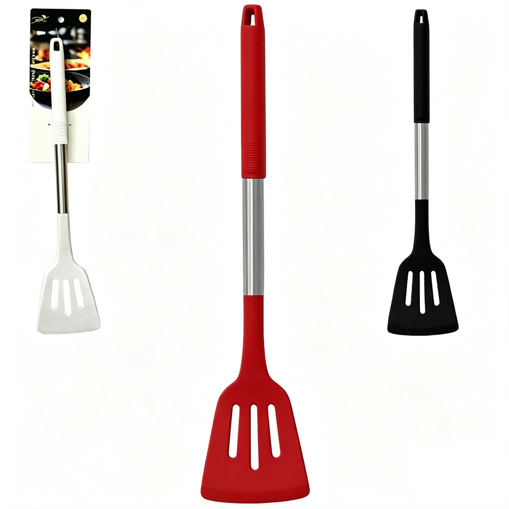 ESPATULA DE SILICONE VAZADA BRANCO / PRETO / VERMELHO CABO DE INOX PREMIUM TOP CASA 33,5X7,5CM