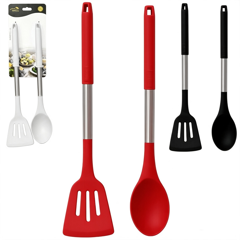 KIT UTENSILIOS COM COLHER DE ARROZ + ESPATULA SILICONE BRANCO / PRETO / VERMELHO CABO DE INOX PREMIUM TOP CASA
