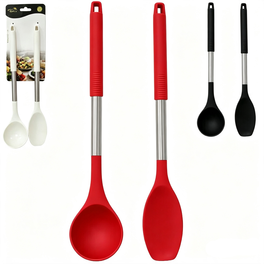 KIT UTENSILIOS COM CONCHA + COLHER MULTIUSO DE SILICONE BRANCO / PRETO / VERMELHO CABO DE INOX PREMIUM TOP CASA