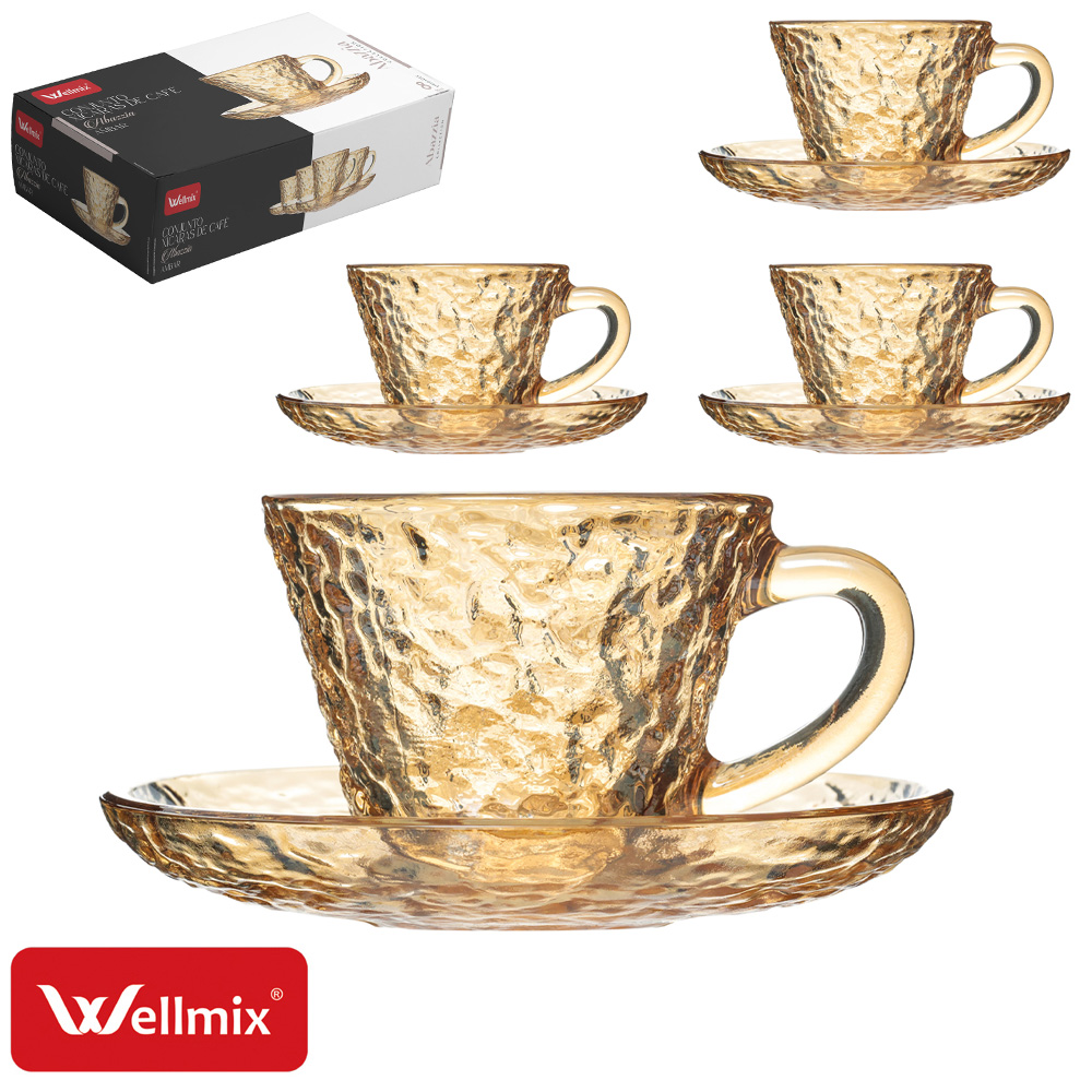 JOGO DE XICARA DE VIDRO CRAQUELADO COM PIRES PARA CAFE ABAZZIA COLLECTION AMBAR 8 PECAS 90ML