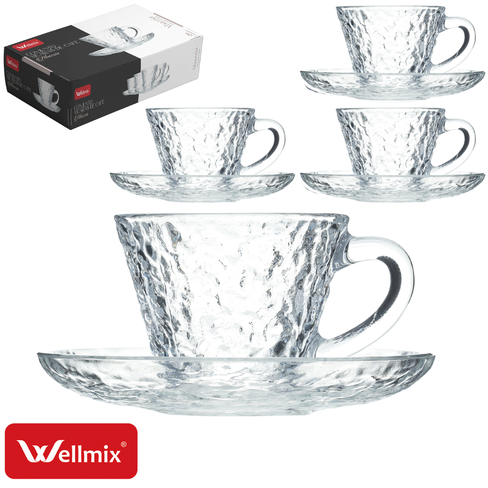 JOGO DE XICARA DE VIDRO CRAQUELADO COM PIRES PARA CAFE ABAZZIA COLLECTION TRANSPARENTE 8 PECAS 90ML 