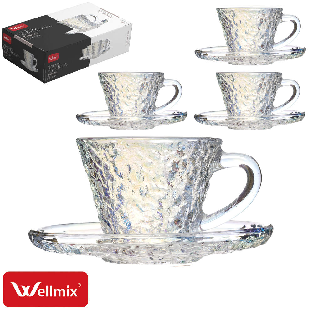 JOGO DE XICARA DE VIDRO CRAQUELADO COM PIRES PARA CAFE ABAZZIA COLLECTION FURTACOR CINTILANTE 8 PECAS 90ML 