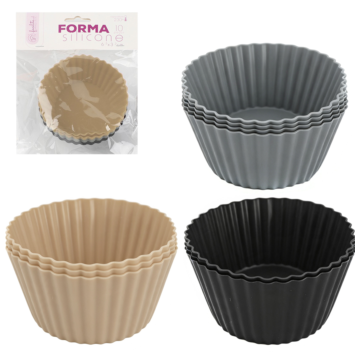 FORMA DE SILICONE REDONDA PARA CUPCAKE FACILITE.UD COM 10 PECAS 3,2X6,5CM DE Ø