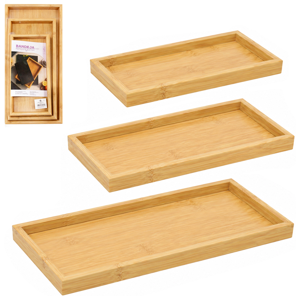 BANDEJA DE MADEIRA MDF RETANGULAR DECORATIVA FACILITE.UD COM 3 PECAS 50X21 / 40X18 / 30X15CM
