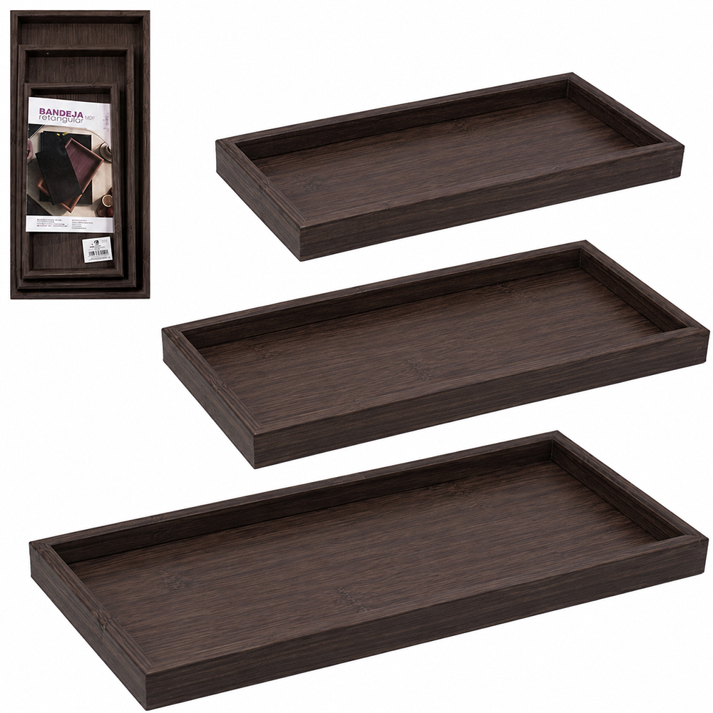 BANDEJA DE MADEIRA MDF RETANGULAR DECORATIVA FACILITE.UD COM 3 PECAS 50X21 / 40X18 / 30X15CM