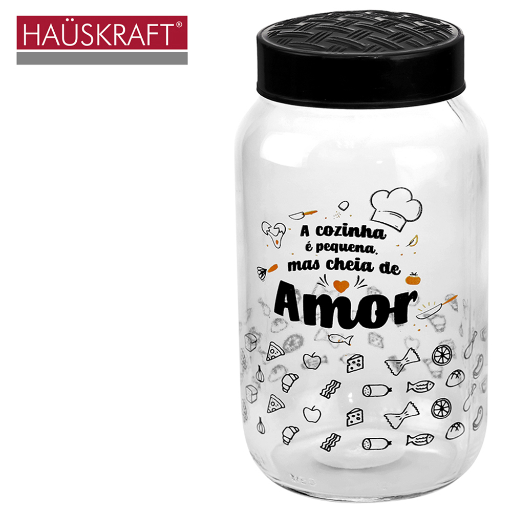 POTE DE VIDRO REDONDO AMOR COM TAMPA DE PLASTICO RATTAN HAUSKRAFT 1,2L