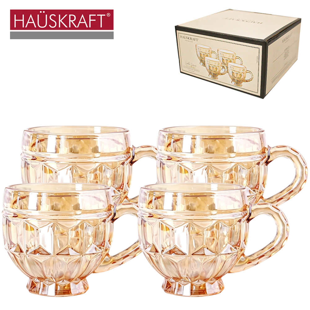 JOGO DE CANECA XICARA DE VIDRO PARA CHA LINHA SERVIR FLAMME AMBAR HAUSKRAFT PREMIUM 4 PECAS 200ML