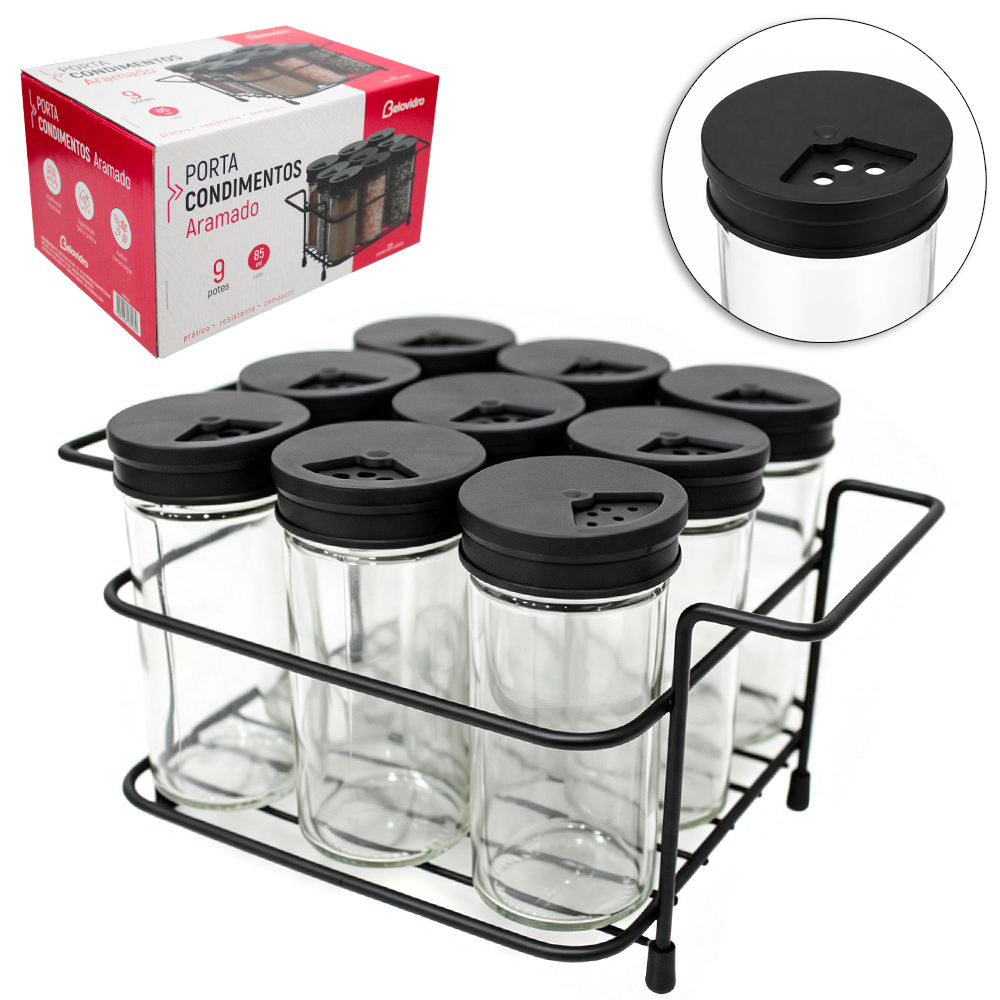 PORTA CONDIMENTO DE VIDRO COM 9 PECAS 85ML + SUPORTE ARAMADO BLACK