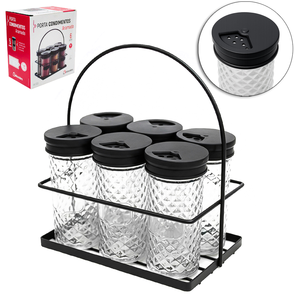 PORTA CONDIMENTO DE VIDRO COM 6 PECAS 85ML + ADESIVO / ETIQUETA LOUSA E SUPORTE ARAMADO BLACK