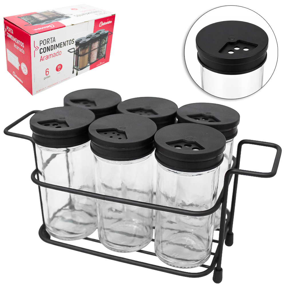 PORTA CONDIMENTO DE VIDRO COM 6 PECAS 85ML +SUPORTE ARAMADO BLACK