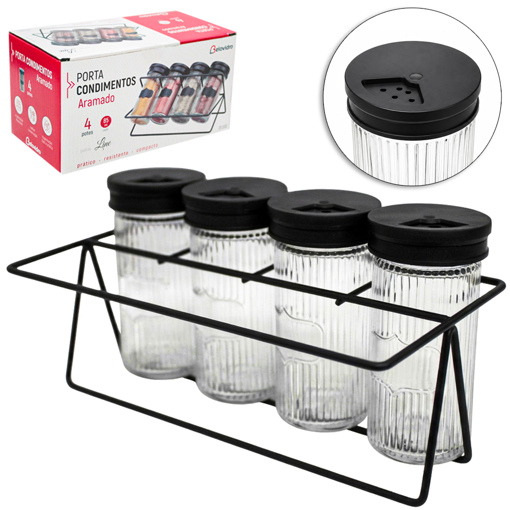 PORTA CONDIMENTO DE VIDRO COM 4 PECAS 85ML + ADESIVO / ETIQUETA LOUSA E SUPORTE ARAMADO BLACK