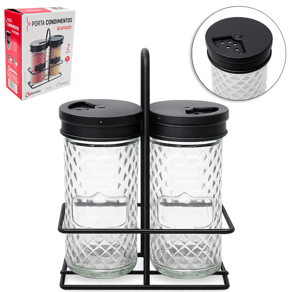 PORTA CONDIMENTO DE VIDRO COM 2 PECAS 85ML + ADESIVO / ETIQUETA LOUSA E SUPORTE ARAMADO BLACK