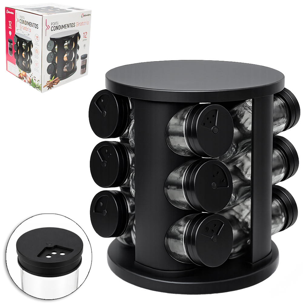 PORTA CONDIMENTO DE VIDRO / PLASTICO 12 PECAS 85ML + ADESIVO / ETIQUETA LOUSA E SUPORTE GIRATORIO REDONDO  BLACK
